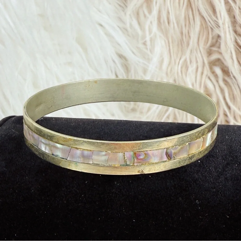 Vintage Boho Chic Oxidized Silvertone Abalone Mexico Stacking Bangle Bracelet